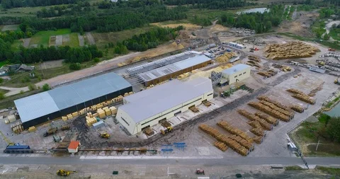 Flying over a large sawmill, the work of machinery on sawmills, flying over the Stock-Footage 102909098