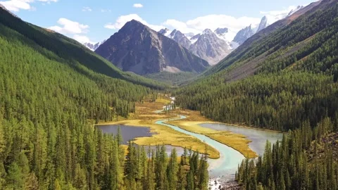Flying over a large turquoise lake between a forest and rocks ahead is a Stock Footage 263732029