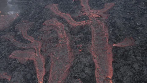 Flying over Lava Rivers around Litli Hrutur Eruption, Iceland 4K Stock Footage 247997618
