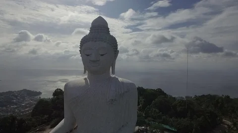Flying over left shoulder of Big Buddha Phuket, distance view Stock Footage 83584932