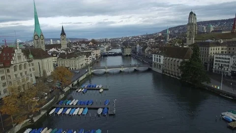 Flying over Limmat river into down town Zurich Stock Footage 71100215