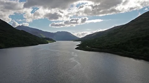 Flying over Loch Leven towards Glencoe, Lochaber Stock Footage