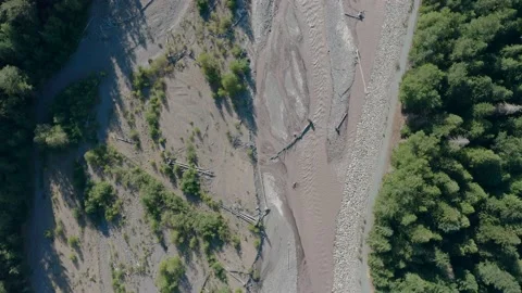 Flying Over Looking Down River in Forest in Washington in Pacific Northwest Stock Footage 140243243