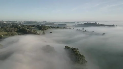 Flying over low clouds among mountains and woods. Dense fog. Stock Footage 253363456