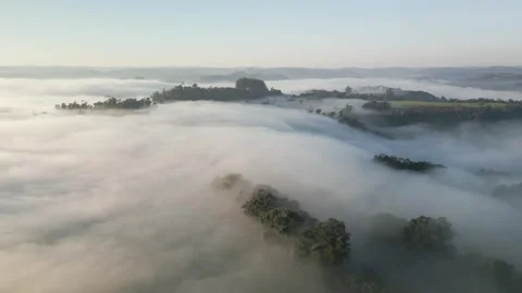 Flying over low clouds among mountains and woods. Dense fog. Stock Footage 253363866