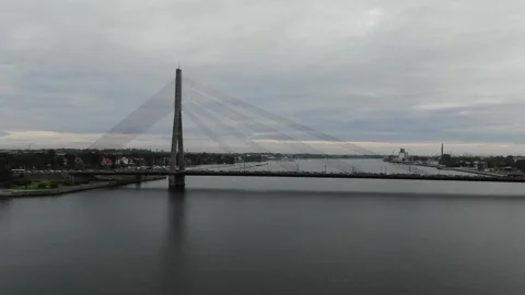 Flying over the main bridge in Riga Stock Footage 226365444