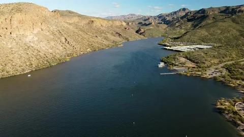 Flying over the main lake towards the marina at Canyon Lake Stock Footage 170451088