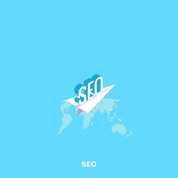 Flying over the map of the world paper airplane with the word seo, isometric  Illustrazione stock