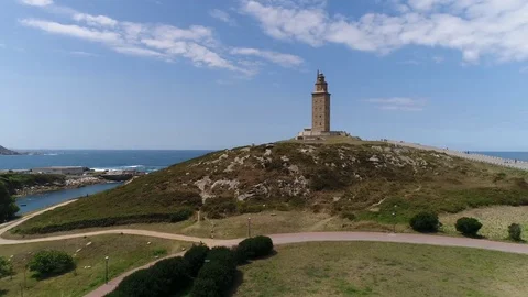 Flying Over Medieval Lighthouse of Hercules Tower, Coruna, Spain Stock Footage 78301625
