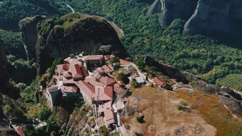 Flying over Meteora Monasteries, Greece. Video stock 260456392