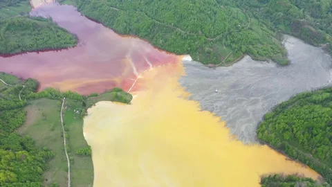 Flying over mining residuals, cyanide pollution. Aerial view Stock Footage 168861275