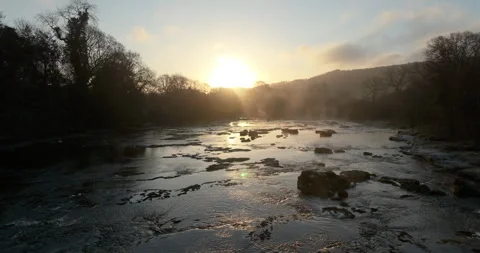 Flying over misty river Video stock 307375518