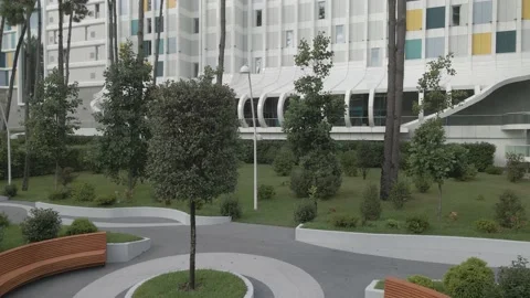 Flying over Modern and luxury hotel Paragraph. Georgia Stockbeeldmateriaal 149908375