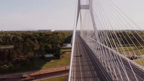 Flying over a modern line bridge. Metal construction, new architecture. Stock Footage 146050679