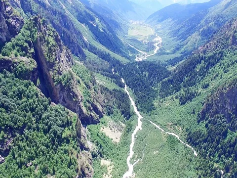 Flying over mountain range valley Aerial 4k video. Hiking Tourism Caucasus Stock Footage 80314538