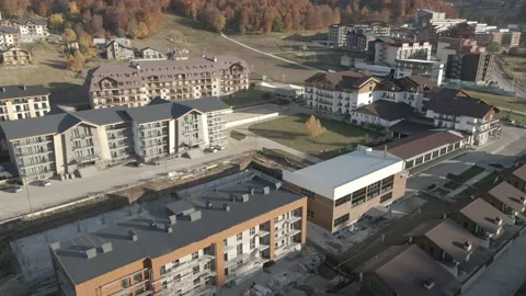 Flying over mountain resort Crystal in Bakuriani. hotel in Georgian mountains. 스톡 동영상 142868576