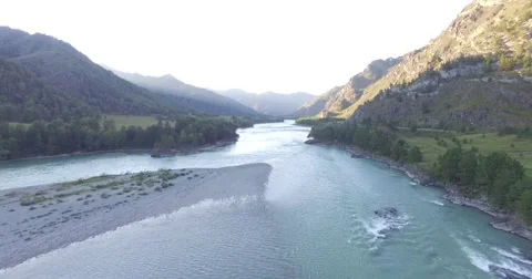 Flying over the mountain river Stock Footage 67237339