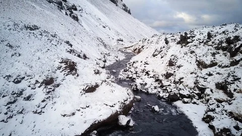 Flying over mountain river in winter 2 Video stock 85523650