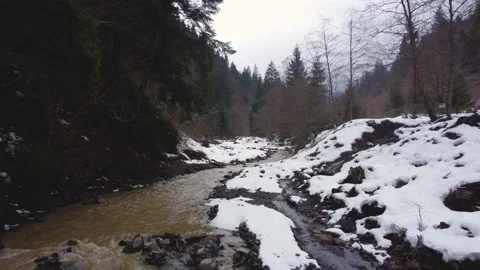 Flying over the mountain river. winter forest. fog. aerial drone shot. Stock Footage 168775237