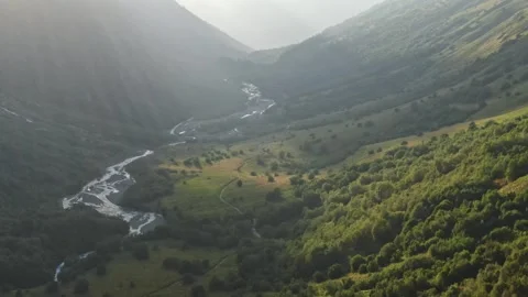 Flying over a mountain valley covered with forest. The mountain river spreads Stockbeeldmateriaal 269299353