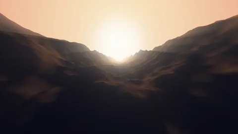 Flying over a mountain valley towards the sun, repeatable animation Stock Footage 124851146