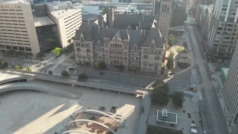 Flying over Nathan Phillips square and the City Hall Stock Footage 143099626