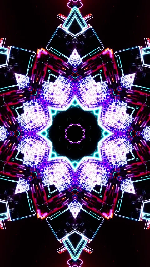 Flying over the neon city at sunset. Vertical looped Kaleidoscope video Stock Footage 228028448