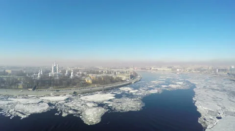Flying over the Neva river. St. Petersburg, Russia. Spring. Stock Footage 48238530