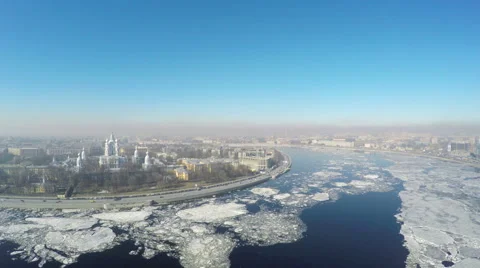 Flying over the Neva river. St. Petersburg, Russia. Spring. Stock Footage 48240057