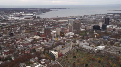 Flying over New Haven Green toward harbor in New Haven, Connecticut. Shot in Stock Footage 59169734
