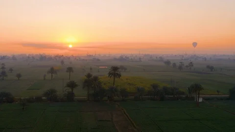 Flying over the Nile fields at the sunrise time in West Luxor, Egypt Stock Footage 96217612