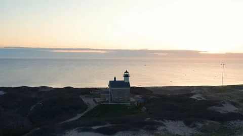 Flying over North Lighthouse on Block Island Stock Footage 110718014