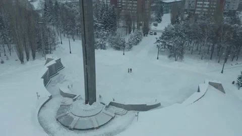 Flying over the obelisk of the memory of the fallen in World War II with a view  Stock Footage 236393155