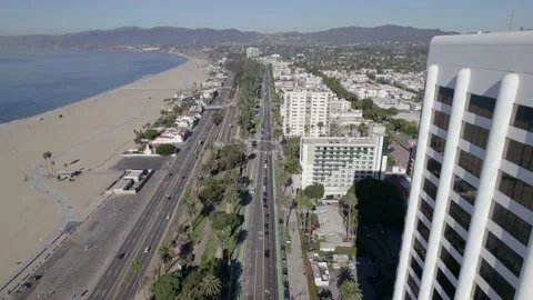 Flying over Ocean Ave through the palm trees above PCH in Santa Monica CA Stock Footage 233934650