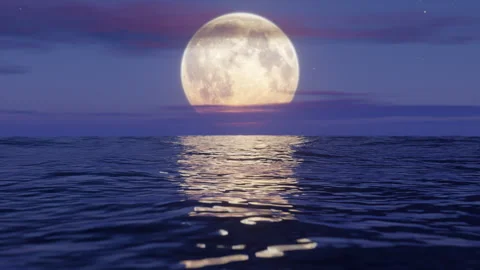 Flying over the ocean at moon night. Stylized looped animation. 3d render. Video stock 242435445