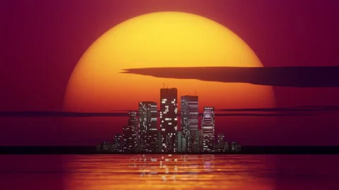 Flying over the ocean to the sunset city. Retro futuristic background. seamless Stock Footage 229894874