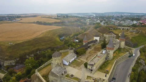Flying over the old beautiful castle Kamenetz Podolsk. Top view of the castle. Stock-Footage 109487592