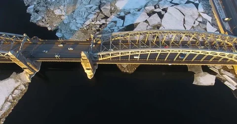 Flying over the old bridge and the City Stock Footage 72625193