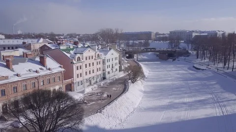 Flying Over The Old City Pskov In Winter. Video stock 105071386