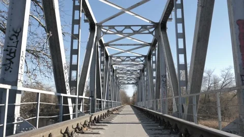 Flying Over The Old Retro Bridge With Railway Track Stock Footage 171728625