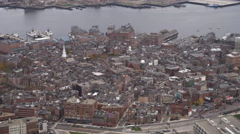Flying over Old Town Boston toward Charles River; Old North Church in lower Stock Footage 59146017