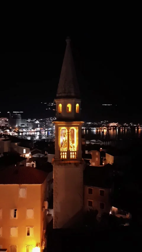 Flying over old town Budva, focusing on St Johns Church and narrow streets Stock Footage 300566415