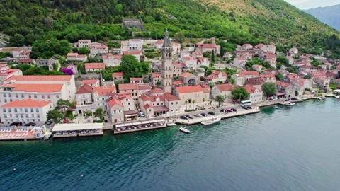 Flying over the old town of Perast, Kotor bay, Montenegro. Old medieval town Video stock 162815337