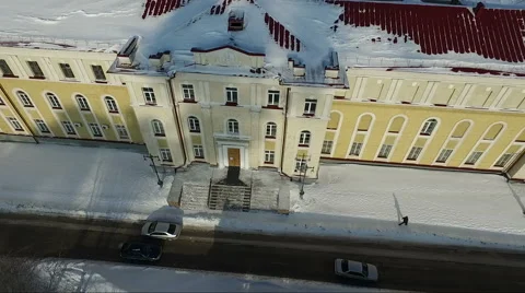 Flying over the old Yellow building. Architecture. flight. sunset hour Stock Footage 60744500