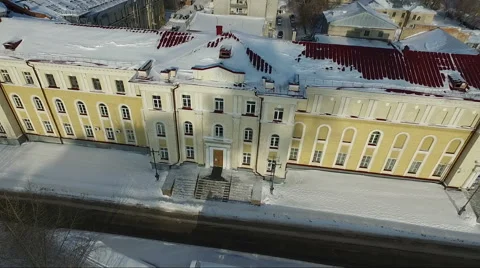 Flying over the old Yellow building. Architecture. flight. sunset hour Stock Footage 60762388
