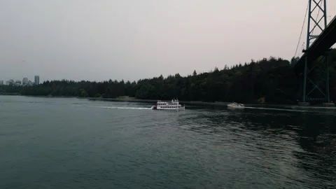 Flying over paddle ferry under the Lions Gate bridge 動画素材 248482196