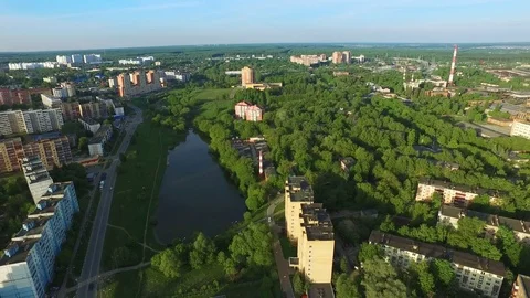 Flying Over The Park In Town Stock Footage 76203732