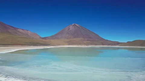Flying over partially frozen blu lake in the Bolivian Andes Stock Footage 285899388