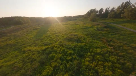 Flying over a pedestrain and cycle path through a nature grassland 스톡 동영상 163150271