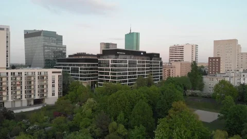 Flying over Philip Morris Polska building in Warsaw, Poland Stock Footage